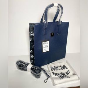 New MCM $750 Blue Black Camo Floral Visetos Leather Crossbody Tote Purse Bag